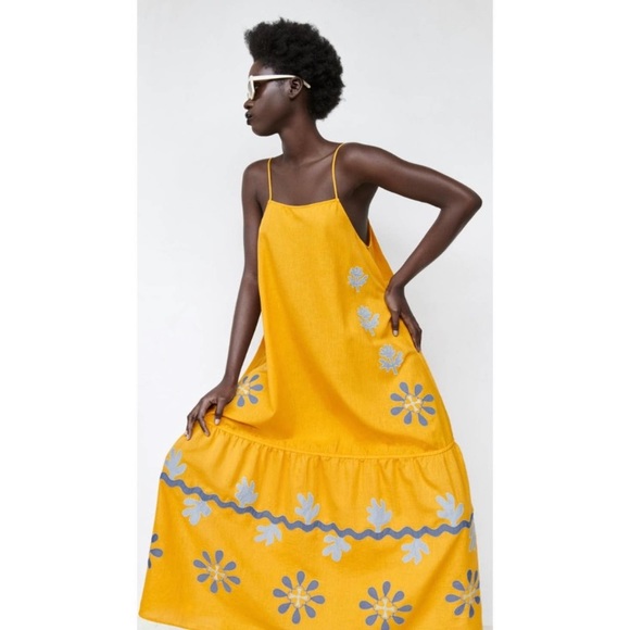 ZARA WOMAN NWT MUSTARD LIMITED EDITION EMBROIDERED DRESS - Picture 4 of 9